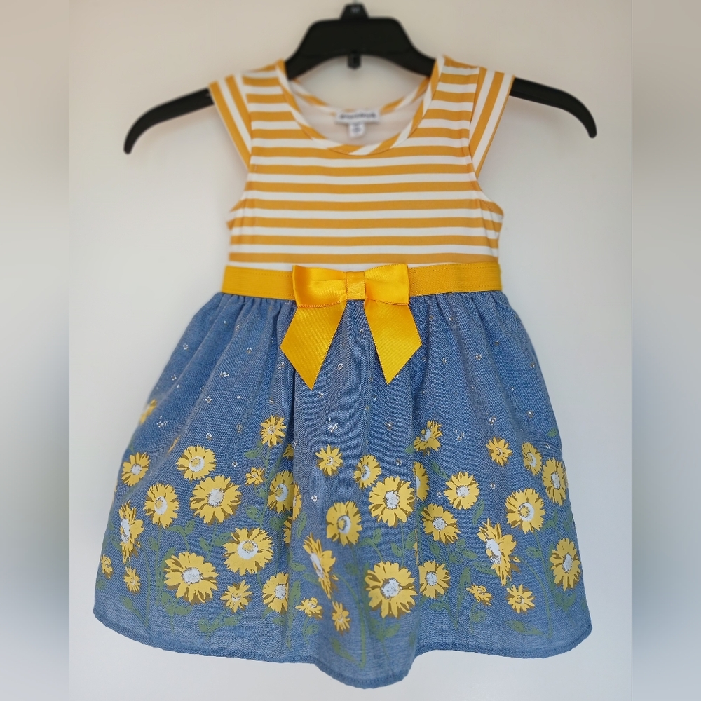 Max & Daisy Blue & Yellow Sunflower Satin Bow Sleeveless Dress Toddler Size 4T